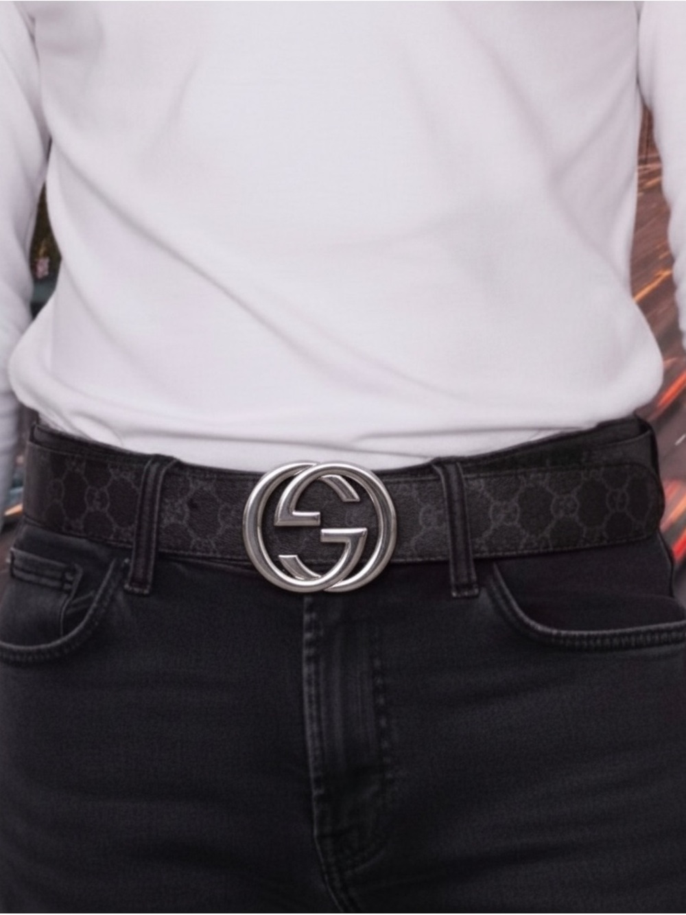 Interlocking Silvertone G G Buckle Belt monogram black gray leather New size 110